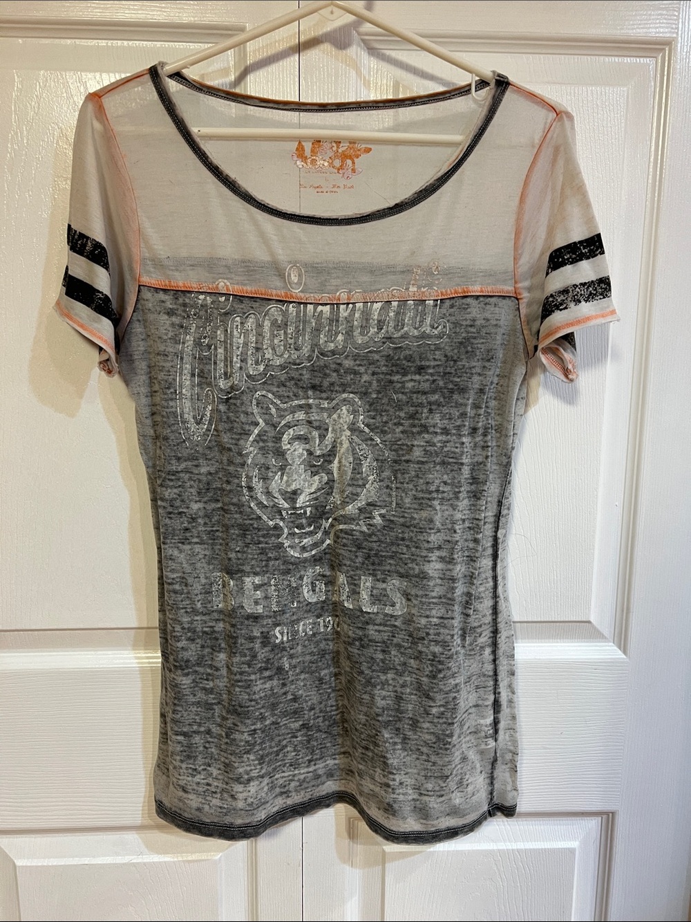 Gray Burnout Cincinnati Bengals Graphic Tee with Sheer Yoke
